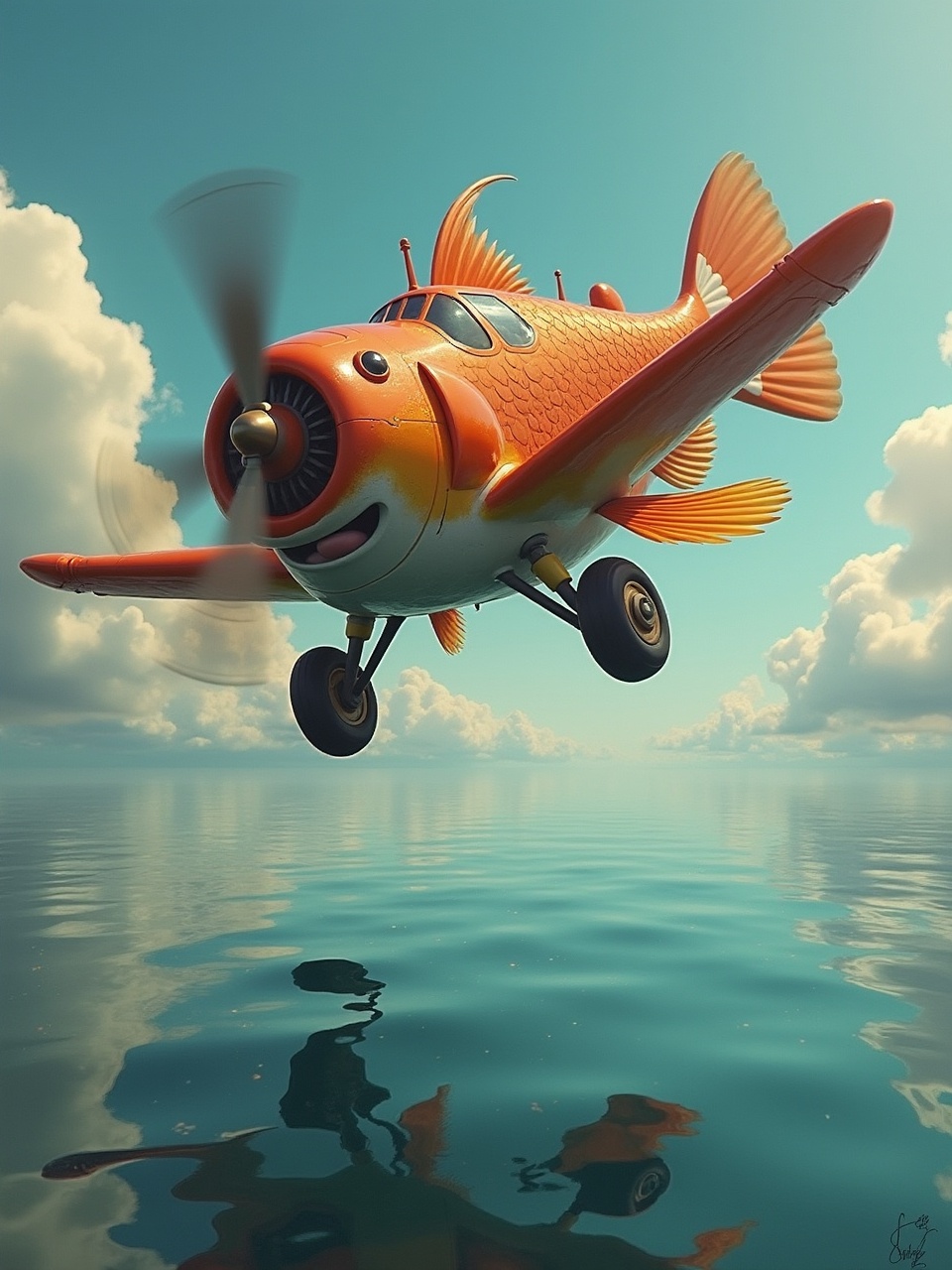 This whimsical digital artwork depicts an airplane designed to resemble a goldfish flying above calm, reflective waters. The clever blend of aerodynamics and aquatic features, such as fish fins and scales, gives a playful and surreal feel to the image. The bright orange hues of the plane contrast beautifully with the tranquil blue sky and water, creating a harmonious yet imaginative scene.