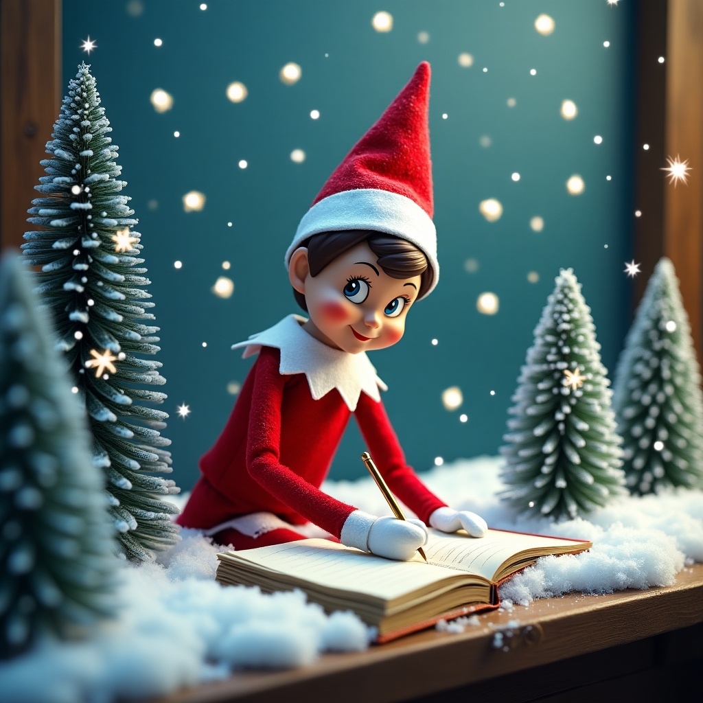 An Elf on the Shelf is sitting at a small table covered in snow. The elf is writing in a large book with a pencil, appearing cheerful and focused. In the background, there are small evergreen trees lightly dusted with snow and twinkling lights, creating a magical winter atmosphere. The elf is dressed in a classic red and white outfit, with rosy cheeks, embodying the spirit of Christmas. Snowflakes gently fall around, enhancing the festive scene.