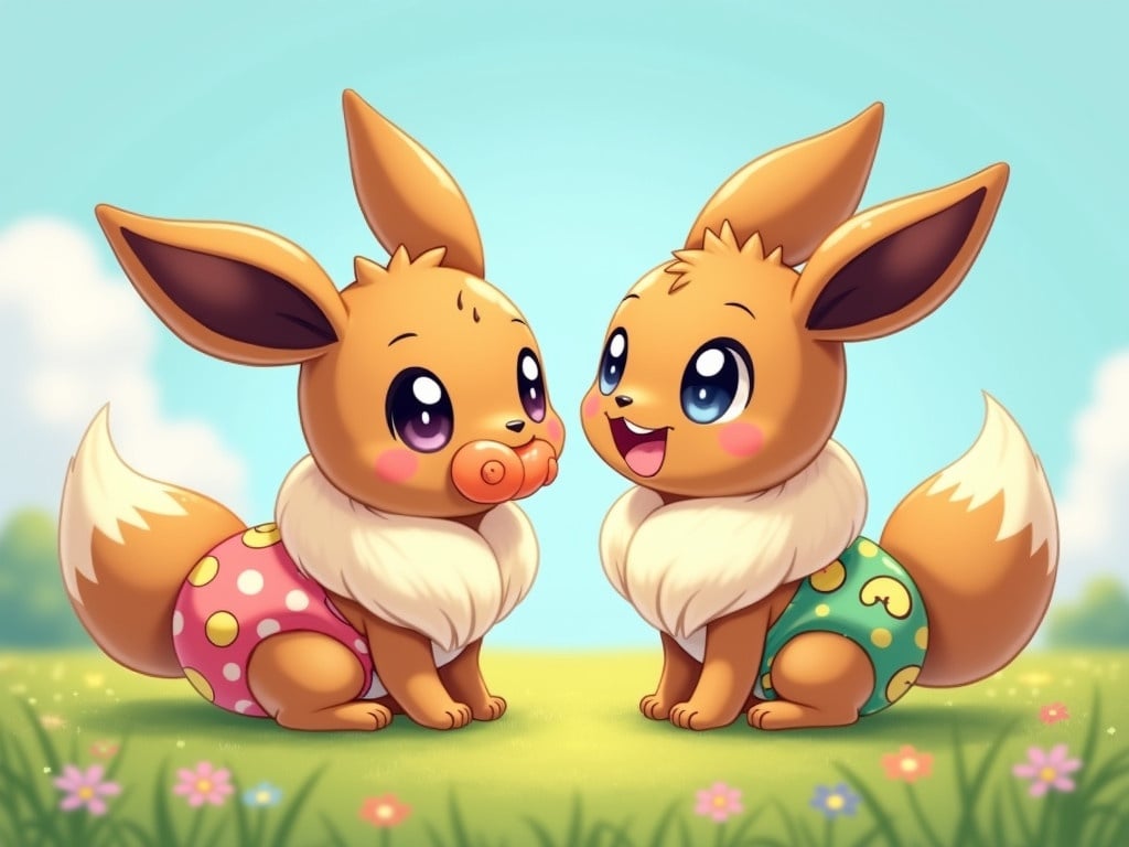 A baby female Eevee has a playful expression. It has purple eyes. A light brown and orange dummy is in its mouth. It wears a colorful diaper. A baby male Eevee with two tails plays nearby. It has a friendly expression and blue eyes. It wears a diaper with Yoshi egg designs. The background shows a vibrant grassy setting with flowers and a sunny sky.