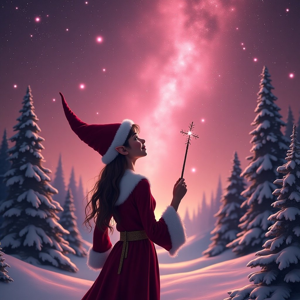 Elf stands in a snowy forest with her back to the viewer. She gazes up at the pink starry sky. She writes the name Erin with her glowing wand.