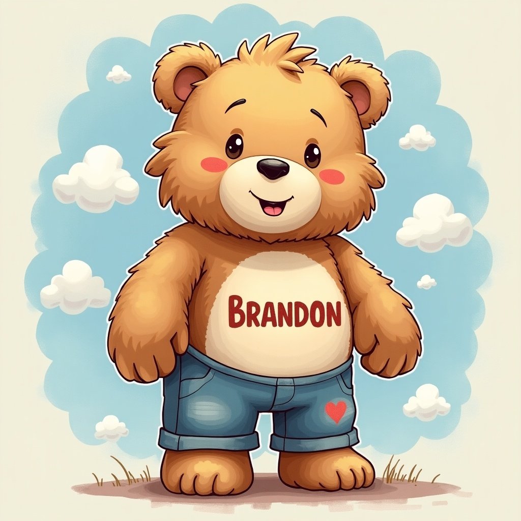 Cute bear character named Brandon. Bear has a light brown fur coat and wears denim shorts. There are fluffy clouds in a blue sky backdrop.