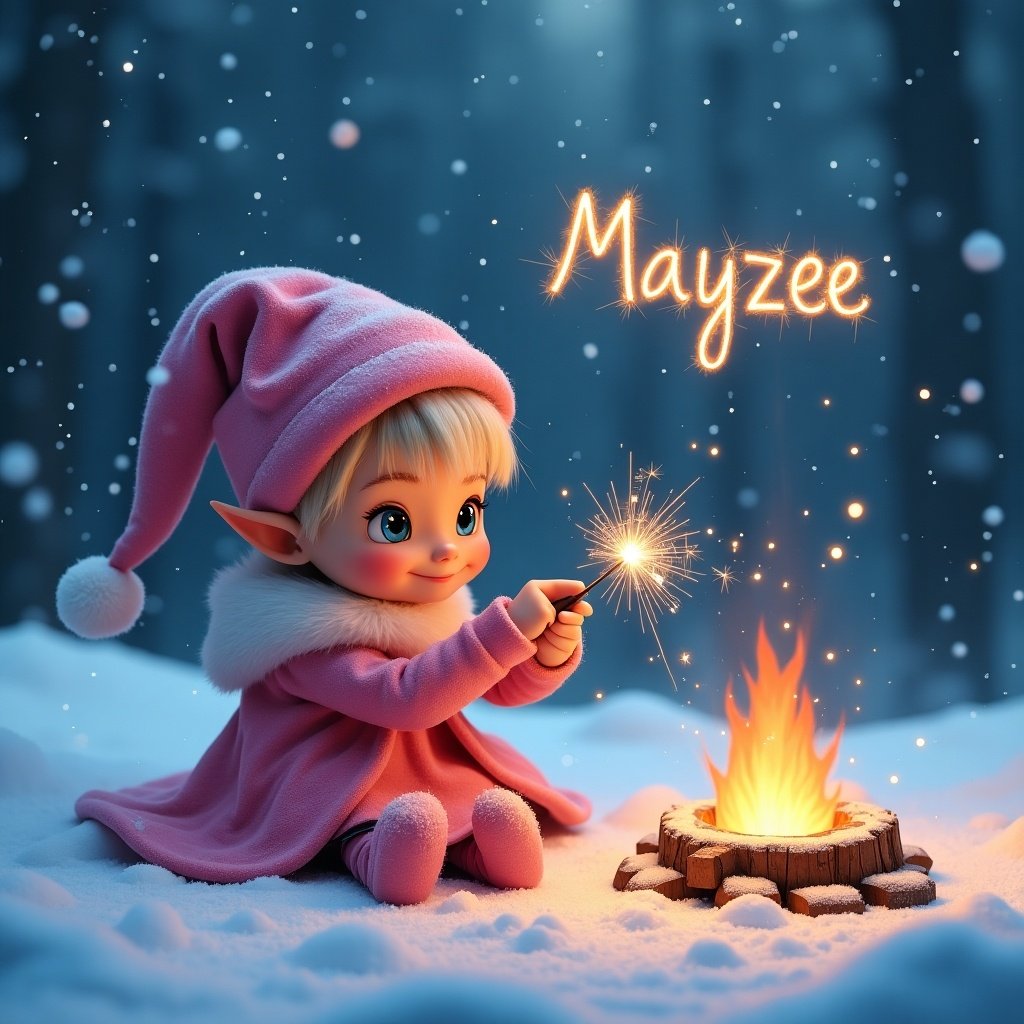 Elf character in pink outfit sitting in snow. Magical atmosphere with sparkles in the sky. Log fire burning in front of the elf. Name 'Mayzee' written in sparkler light.