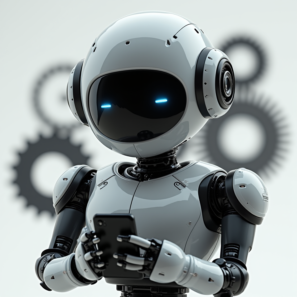 A futuristic robot with glowing eyes interacts with a digital device against a backdrop of gears.