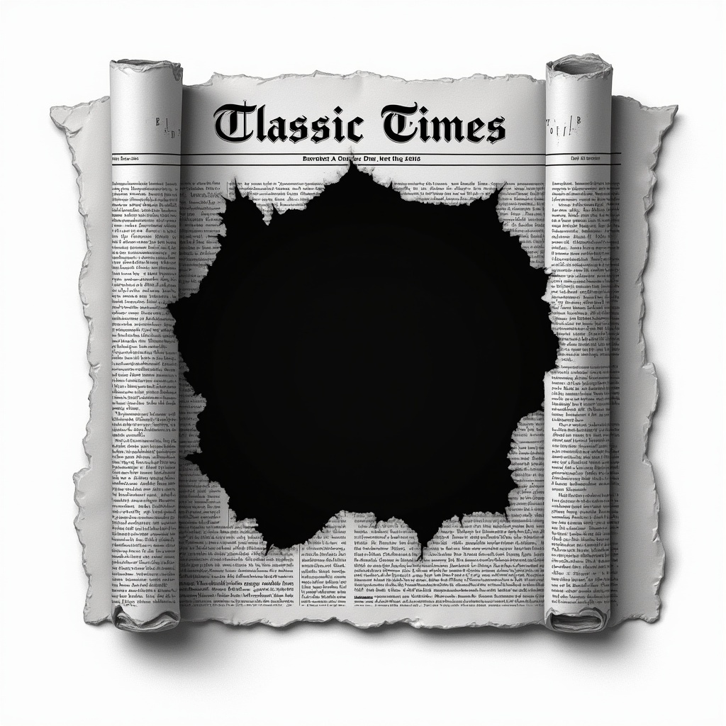 Torn newspaper with black hole in the center rolled up. Background is monochrome. Newspaper reads heavenly classic times. Vector illustration.