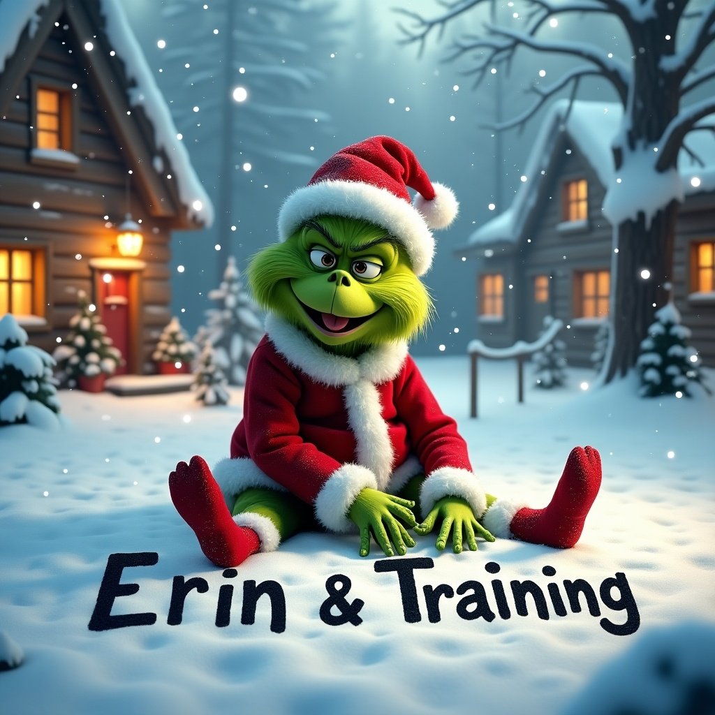 Grinch sits happily in the snow wearing a Christmas outfit. Writing the name Erin & Training in snow. Delicate snowflakes falling. Warmly lit cottages in the background. Captures holiday creativity and spirit.