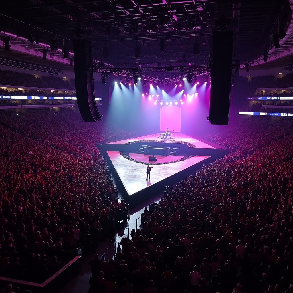 Aerial view of a Roddy Rich concert at Madison Square Garden. T-stage runway is prominent. Colorful lights illuminate the crowd and stage. The audience is packed with fans. High energy atmosphere in a large venue.