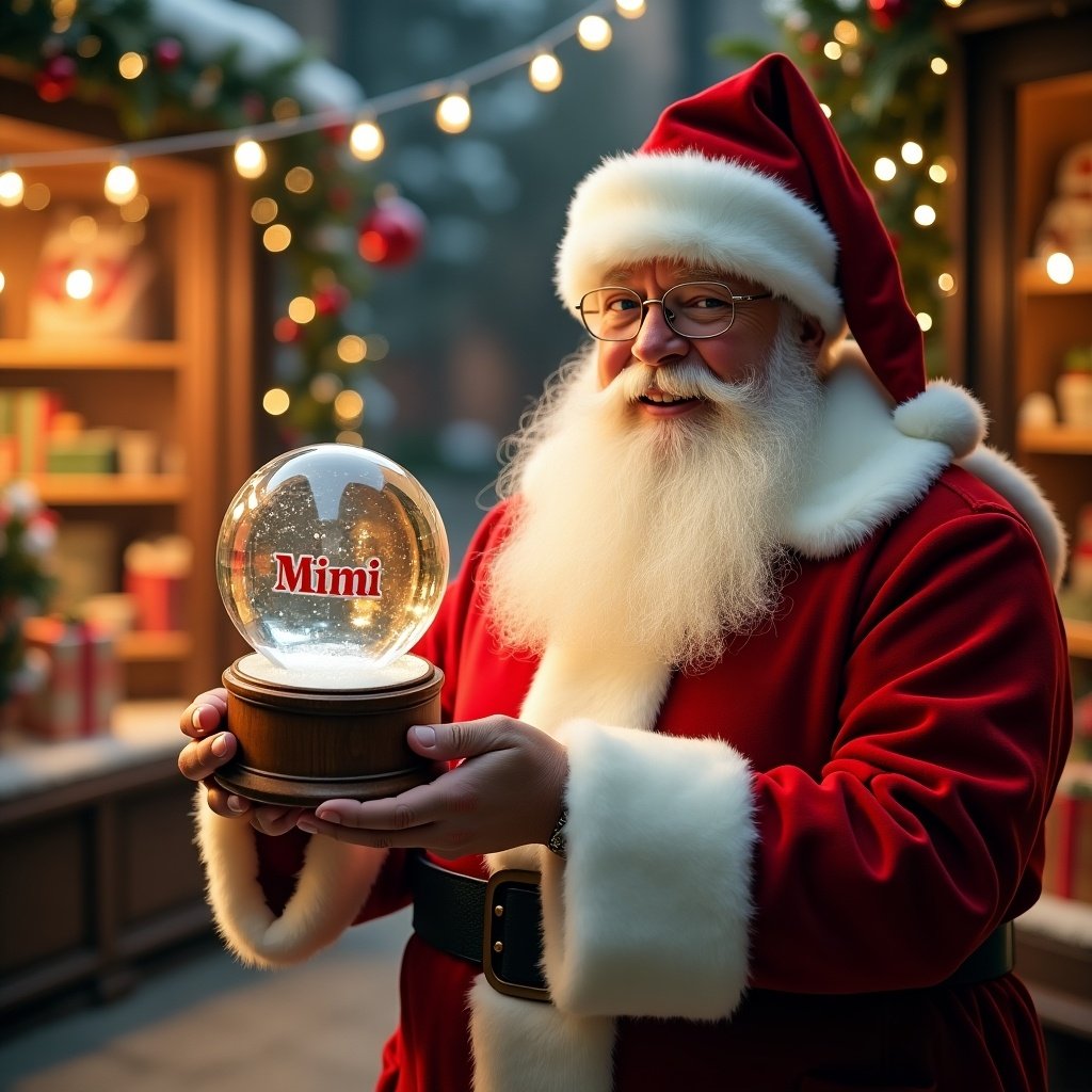 Christmas scene features Santa Claus in red and white suit holding a snow globe. Snow globe contains the name 'Mimi'. Background shows a toy shop with festive decorations and glowing lights.