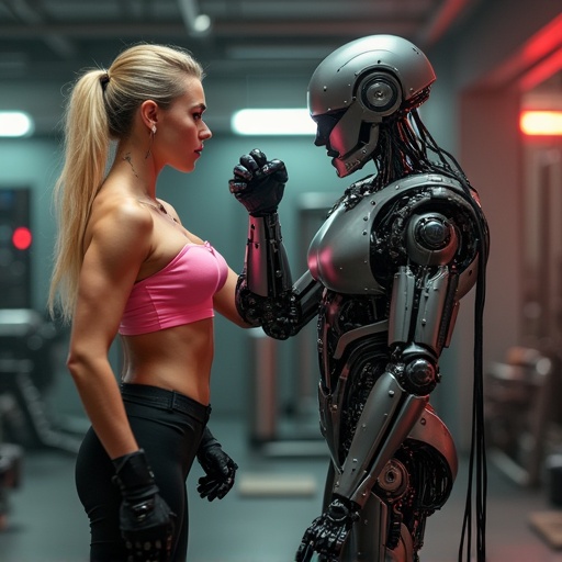 Very attractive woman with robotic arm training in a sci-fi gym. Long blonde hair pulled back. Wearing a pink top and black latex pants. One eye covered with a pirate-style eye patch. Scar on her face. Attractive physique.