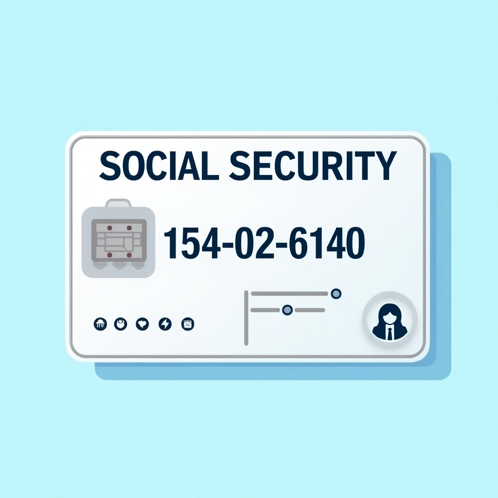 Depiction of a generic social security card. Text 'SOCIAL SECURITY' at the top. Key numbers '154-02-6140' shown. Graphic chip represents modern identification. Decorative elements indicate official nature. Background is soft blue color. Design is professional and clean.