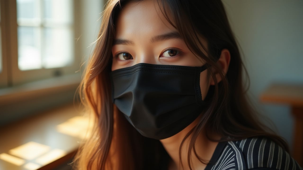 Young woman with long brown hair wearing a dark striped top. Close-up portrait with soft focus and impressionistic quality. Natural light creates highlights and shadows in a room with a window and wooden table. Warm golden tones dominate. Neutral expression with light makeup and red lipstick. Black fabric medical mask worn. Background is out of focus.