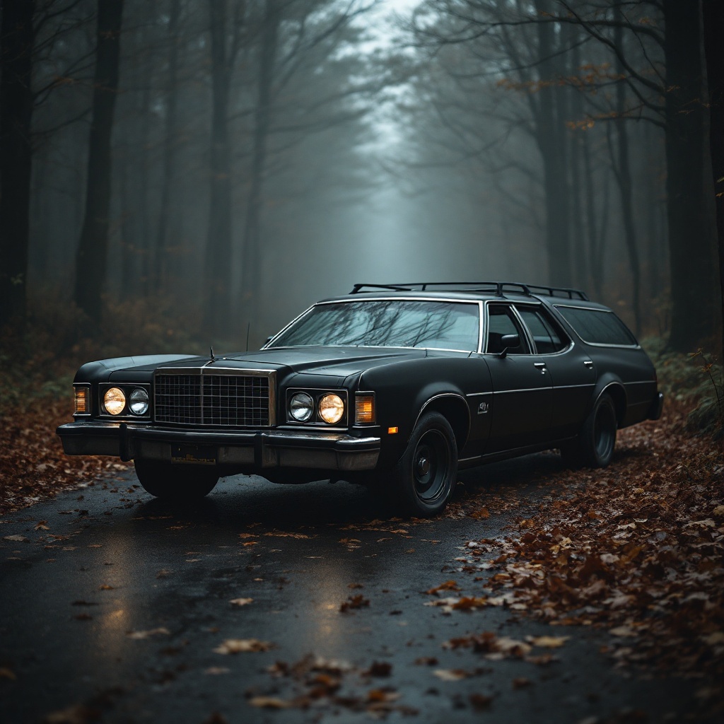 An old, worn-out matte black Ford Gran Torino wagon from 1975 is parked on a damp road in a foggy forest during fall. The atmosphere is thick with mist, enhancing the vintage feel of the car. Dark trees line the road, and fallen leaves cover the ground, adding to the autumn vibe. This photograph captures the essence of nostalgia for classic cars. The car's matte black finish contrasts beautifully with the surrounding nature and the round headlights add to its vintage character.