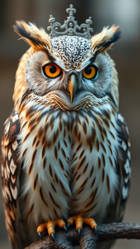 A majestic owl adorned with a delicate crown sits regally on a perch.