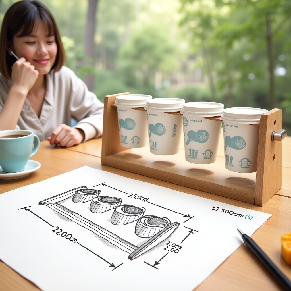 Woman enjoys coffee outdoors. Technical drawing of holder for four 250 ml coffee cups. Dimensions include length of 28 cm width of 12 cm height of 20.5 cm. Frame supports two cups on each side. Detailed measurements displayed. Paper shows 'Sureai LinuxDo', a mooncake and a pen are on wooden desk.