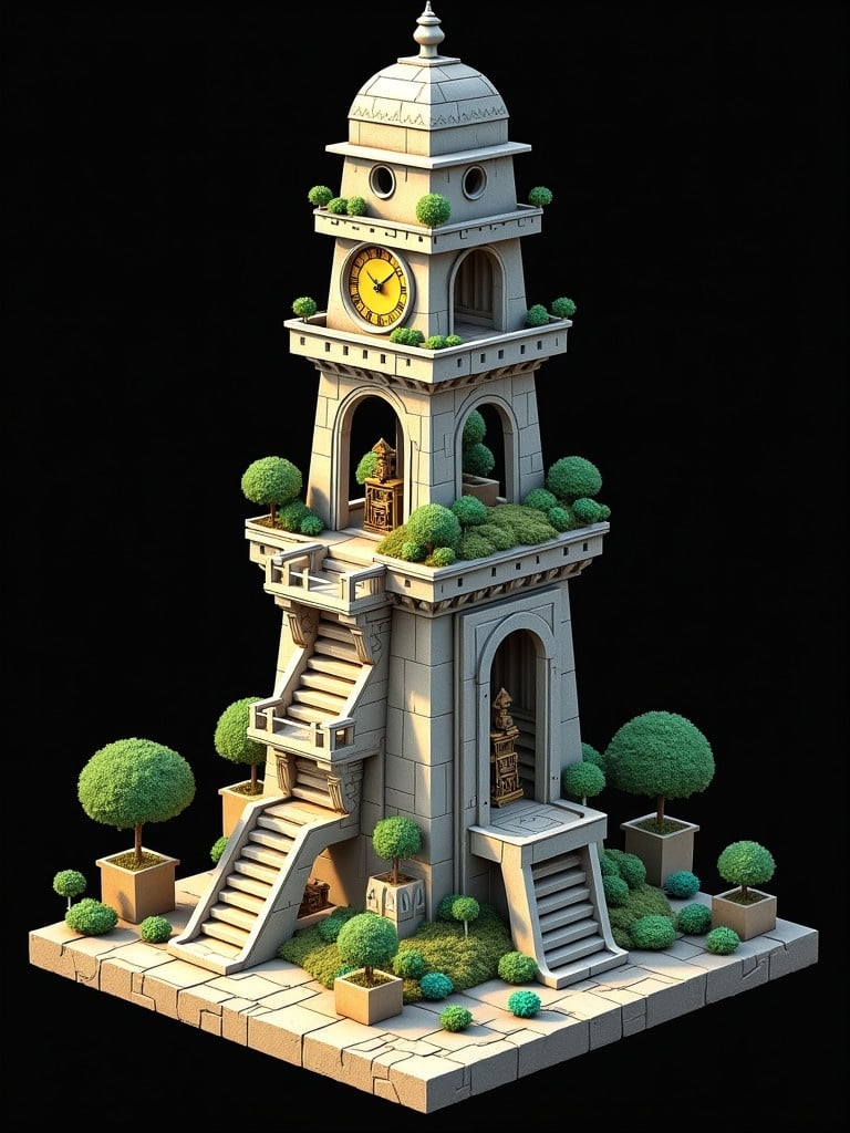 Isometric view of a building resembling an Incan clocktower. Incorporate M.C. Escher's style with impossible structures. Include stairs arches pathways and potted green succulents. Use silver turquoise and gold colors against a black background. High arched mechanical clock serves as centerpiece.