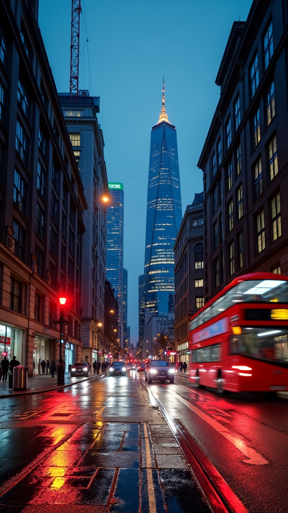 A busy city street at dusk, featuring a gleaming skyscraper with illuminated spire, bordered by tall buildings and bustling with cars and a moving red double-decker bus.