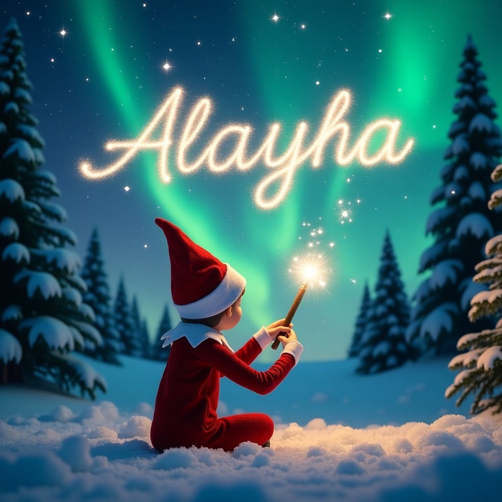 The image features an elf on the shelf, sitting with its back to the viewer, facing a beautiful sky filled with northern lights. The elf is using a magical wand to write names in the sky. The scene is set in a winter wonderland with snow covering the ground and evergreen trees in the background. Above the elf, the name 'Alayah' is elegantly written in sparkling light. The overall atmosphere is whimsical and festive, embodying the magic of Christmas. He is elegantly writing the name 'Ariella' in shimmering light against a backdrop of vibrant northern lights.