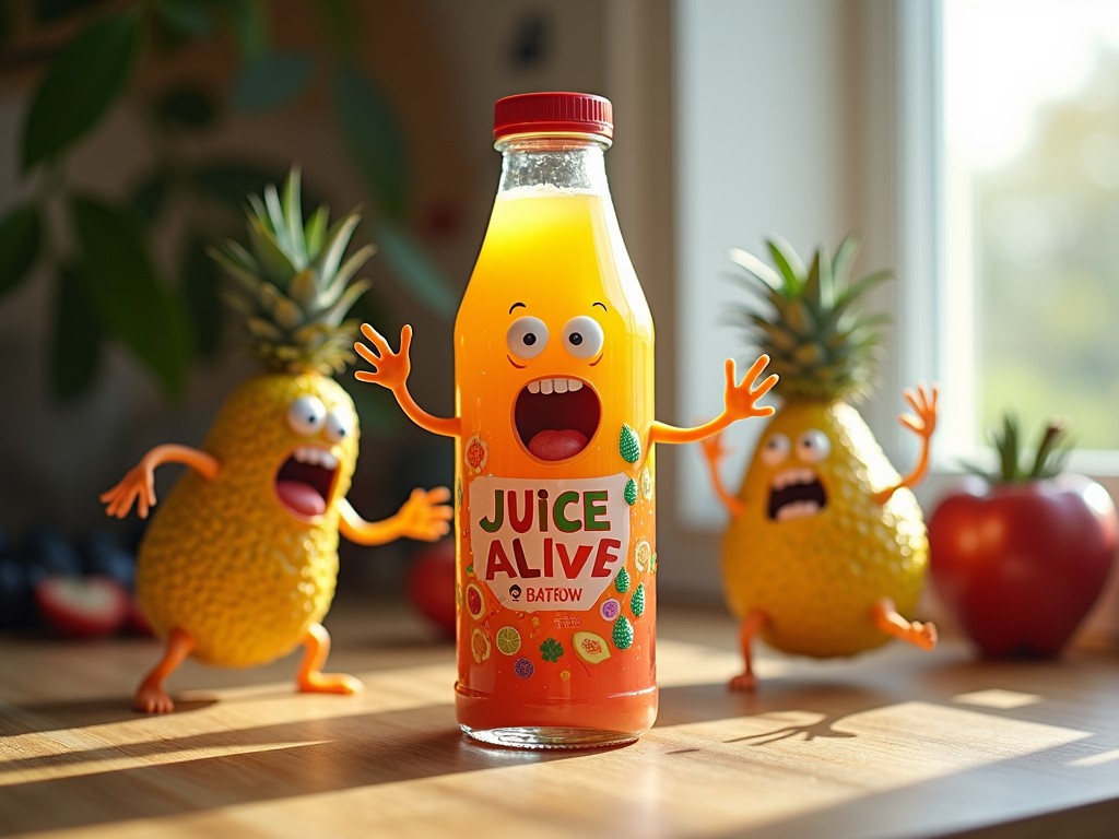 This whimsical image showcases a playful scene where a juice bottle, labeled 'Juice Alive,' is portrayed with exaggerated cartoon features and a surprised expression. Surrounding the bottle are animated pineapples with comical facial expressions, as if they are startled by the lively juice bottle. The setting is a sunlit kitchen counter, adding warmth and vibrancy to the humorous arrangement.