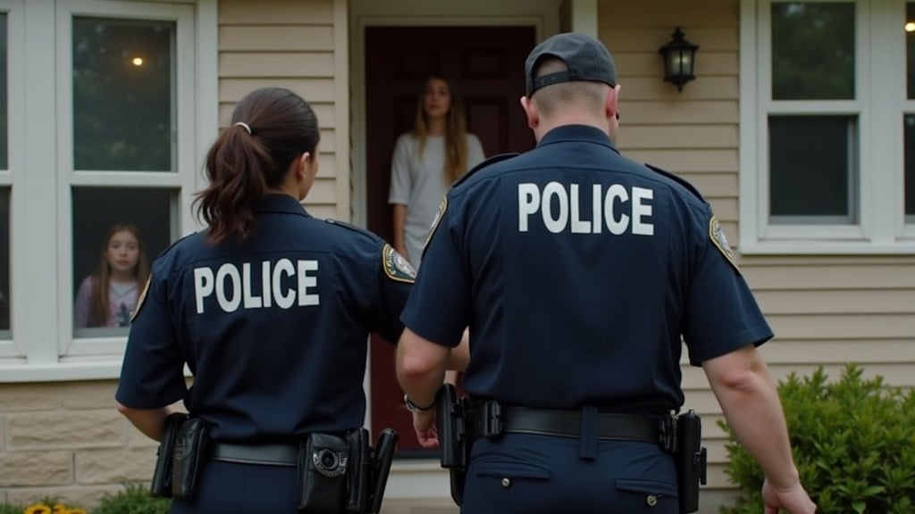 Two police officers approach a house. A woman stands at the front door. Children watch from a window. Officers wear dark uniforms. Children appear confused and scared. The environment shows a suburban setting. Emphasis on the interaction between officers and the woman. Natural lighting enhances the scene.