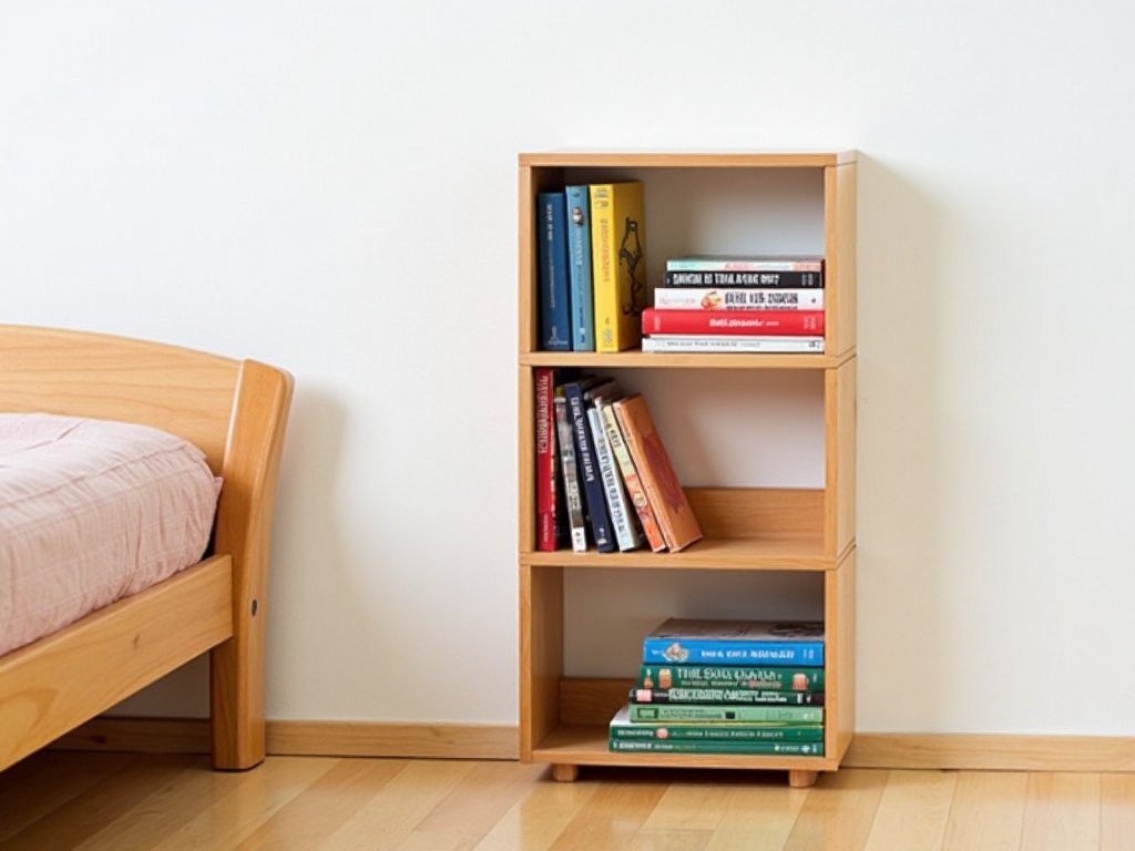 The image shows a small wooden bookshelf against a white wall. The bookshelf features an asymmetrical design with three levels. Each level contains a variety of books arranged in different styles. Some books are stacked vertically while others are placed horizontally. To the left, there is a bed with a wooden headboard and a light pinkish bedspread. The flooring is made of light wood, enhancing the overall natural look of the room.