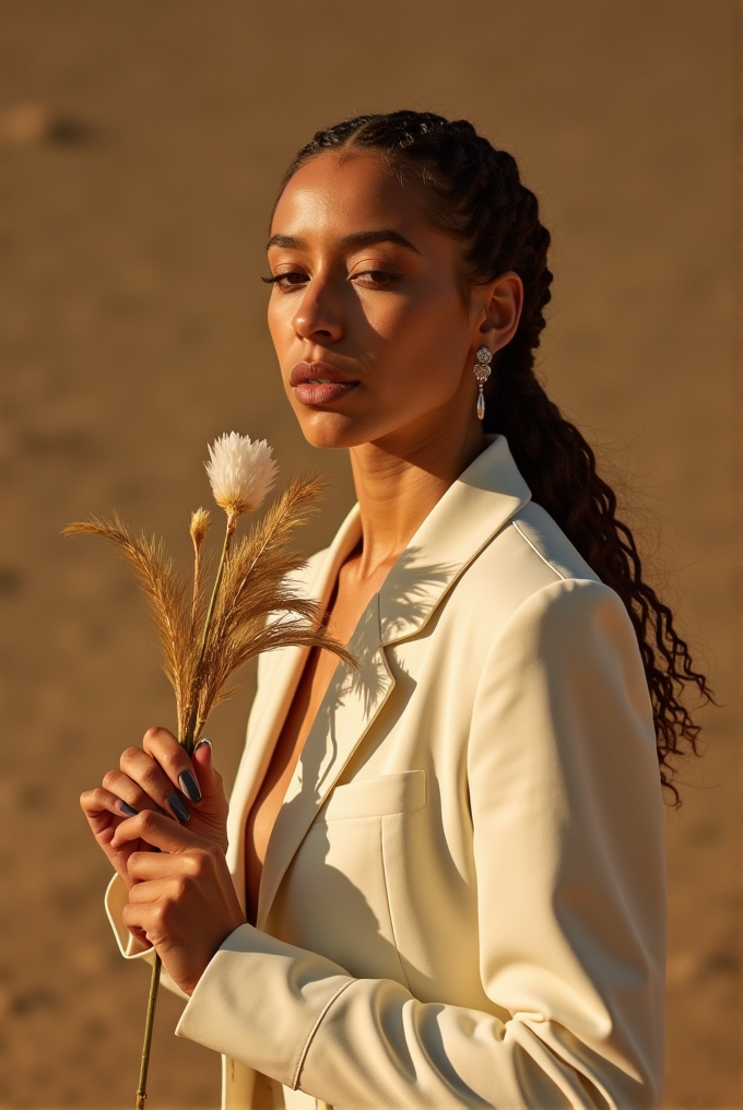 A woman in a light-colored suit holds dry flowers in a sunlit desert setting.