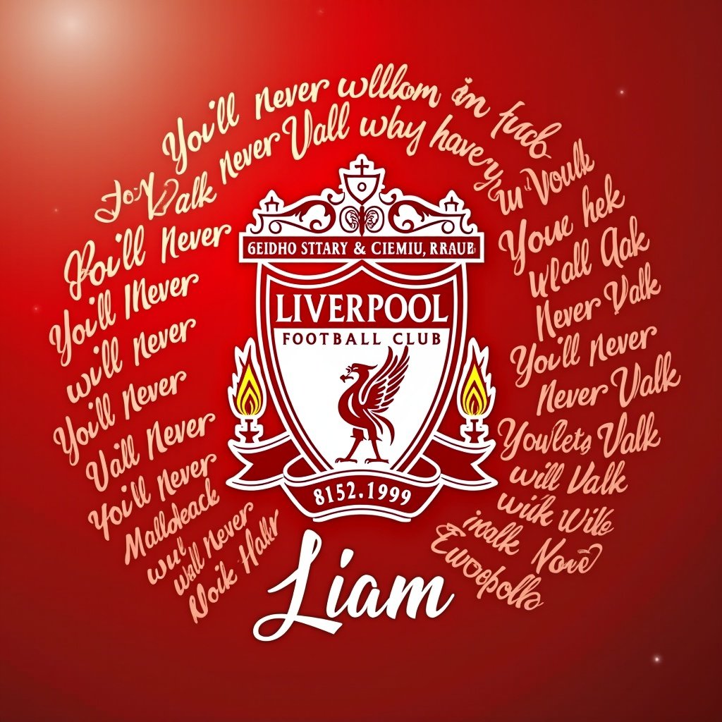 Liverpool Football Club badge combined with lyrics from You'll Never Walk Alone. The name Liam is included prominently within the design.