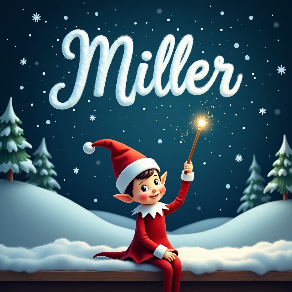 The image showcases a charming elf sitting in a beautiful snowy landscape. The elf, dressed in a classic red suit with a pointed hat, is joyfully holding a wand that sparkles with magic. Above the elf, the name 'Miller' is elegantly written in fluffy white lettering, resembling clouds or snow. The background features softly falling snowflakes and evergreen trees, creating a serene winter atmosphere. This enchanting scene encapsulates the magic of the holiday season, making it perfect for festive celebrations.