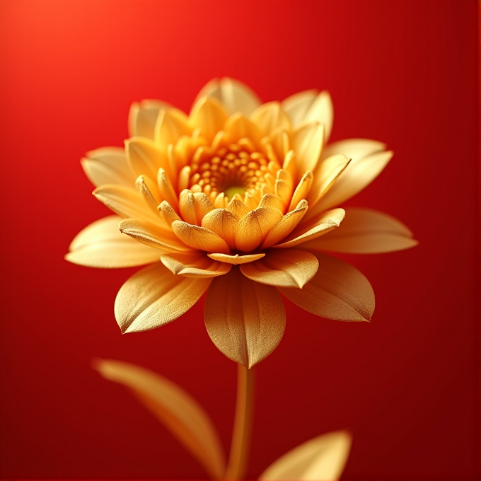 A detailed, golden flower set against a rich red background.