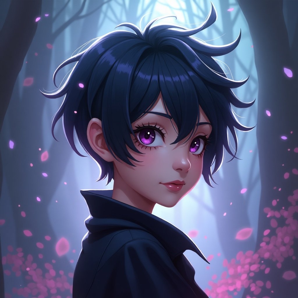 A digital art portrait of a character with heterochromia. Hair styled in a short edgy cut. Background features mystical colors, creating an ethereal atmosphere.