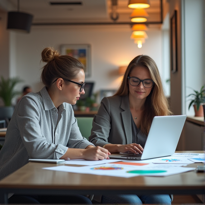 Two women in a modern office setting, both wearing glasses, work together using a laptop, with printed documents spread on the table.