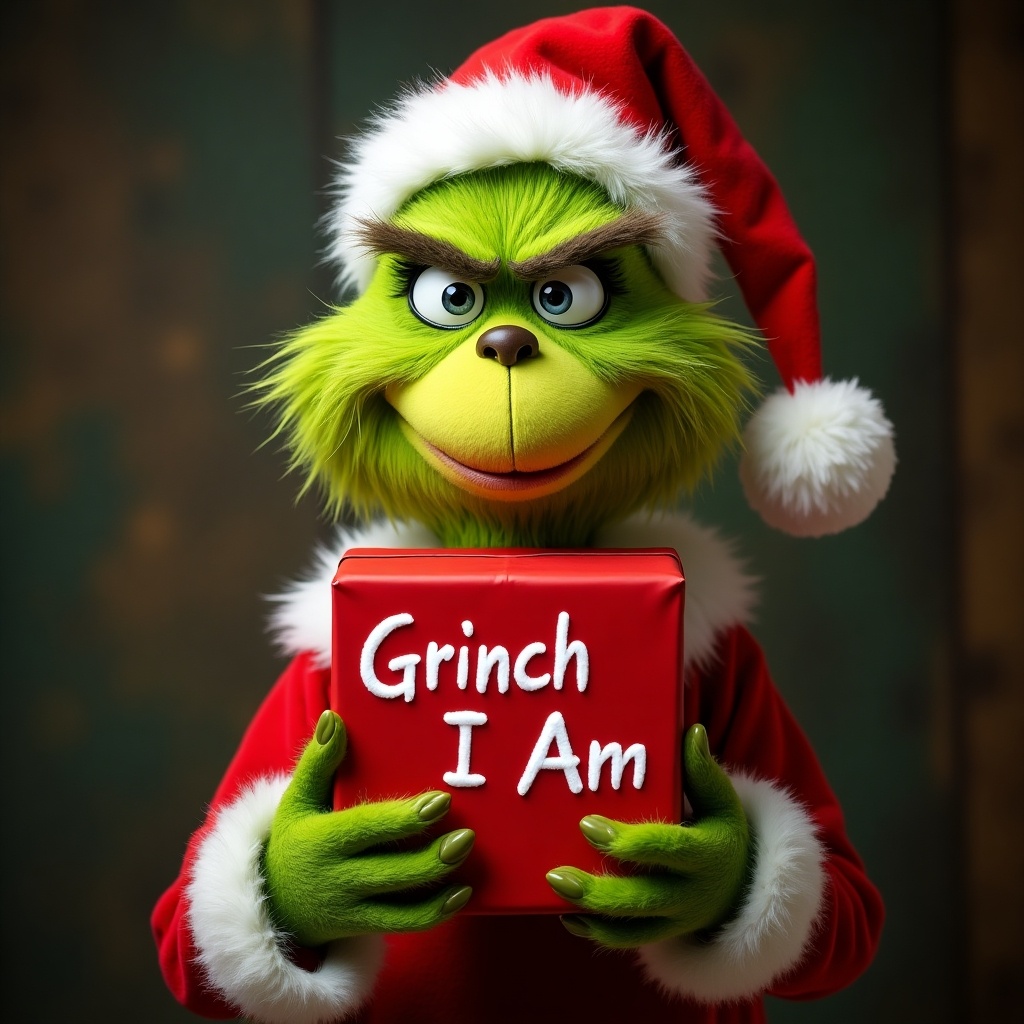 The Grinch holds a red Christmas present with Grinch I Am written on it. Character appears joyful and festive. Santa hat included. Bright colors create holiday cheer.