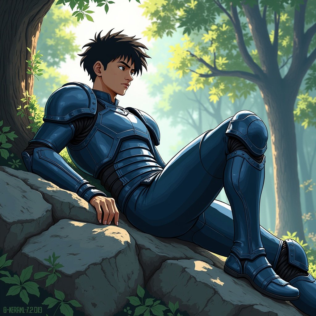 A 17-year-old warrior with a muscular yet youthful build. Resting on a large rock in a dense forest. Perspective slightly elevated, showing the warrior from the side with attention to his back. Relaxed but alert posture: sitting with one leg bent and foot on the rock, other leg extended. Left arm resting on the rock, right hand on the lap. Displays signs of fatigue but maintains tension. Youthful face with defined features, reflecting calmness and determination. Medium length dark hair slightly tousled, glowing subtly with filtered light. Wearing a metallic armor in blue and silver tones, with clean, stylized details. Background features a dense forest with sunlight filtering through the leaves.