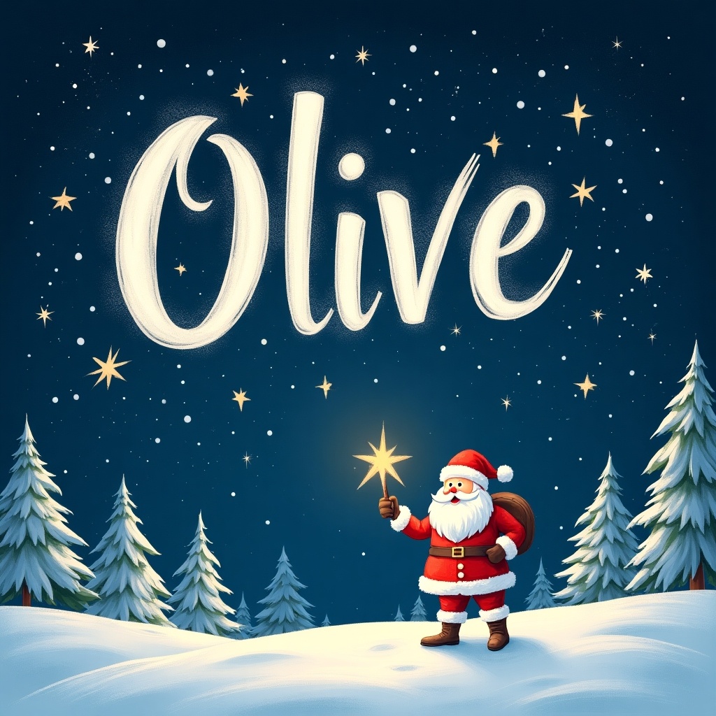 A whimsical holiday scene depicting Santa Claus standing on a snowy landscape. He is joyfully holding a star, which magically illuminates the name 'Olive' written in the night sky. Surrounding him are snow-covered trees, enhancing the wintery atmosphere. The background features a deep blue night sky filled with twinkling stars. The overall feeling of the image is joyful and festive, perfect for celebrating the Christmas season.