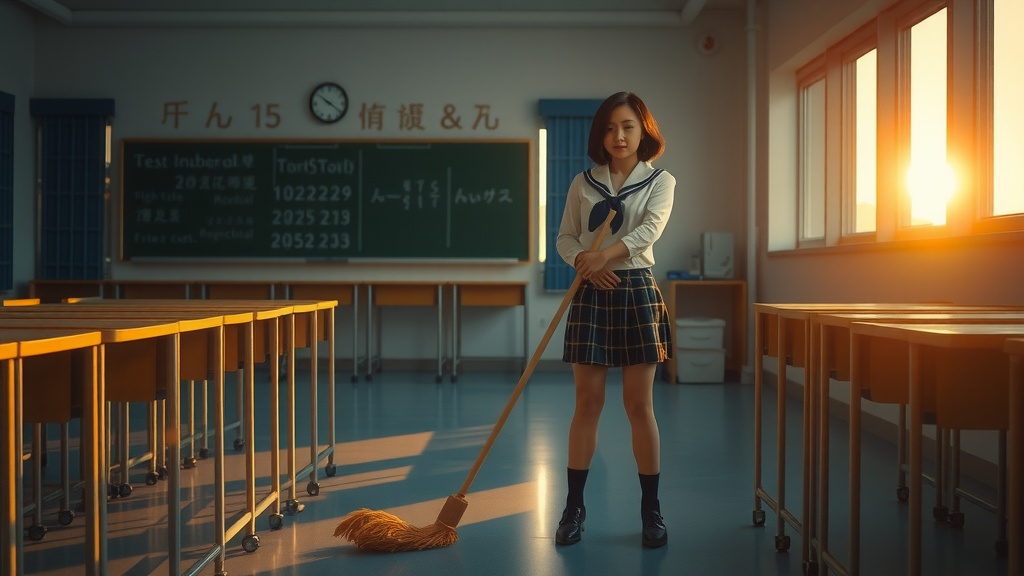 A schoolgirl stands alone in a classroom holding a broom, suggesting the end of a school day. The setting sun casts a warm, golden light through large windows, creating a peaceful ambiance. The chalkboard in the background displays some writings, and the room is empty except for neatly arranged desks, emphasizing solitude and the passage of time.