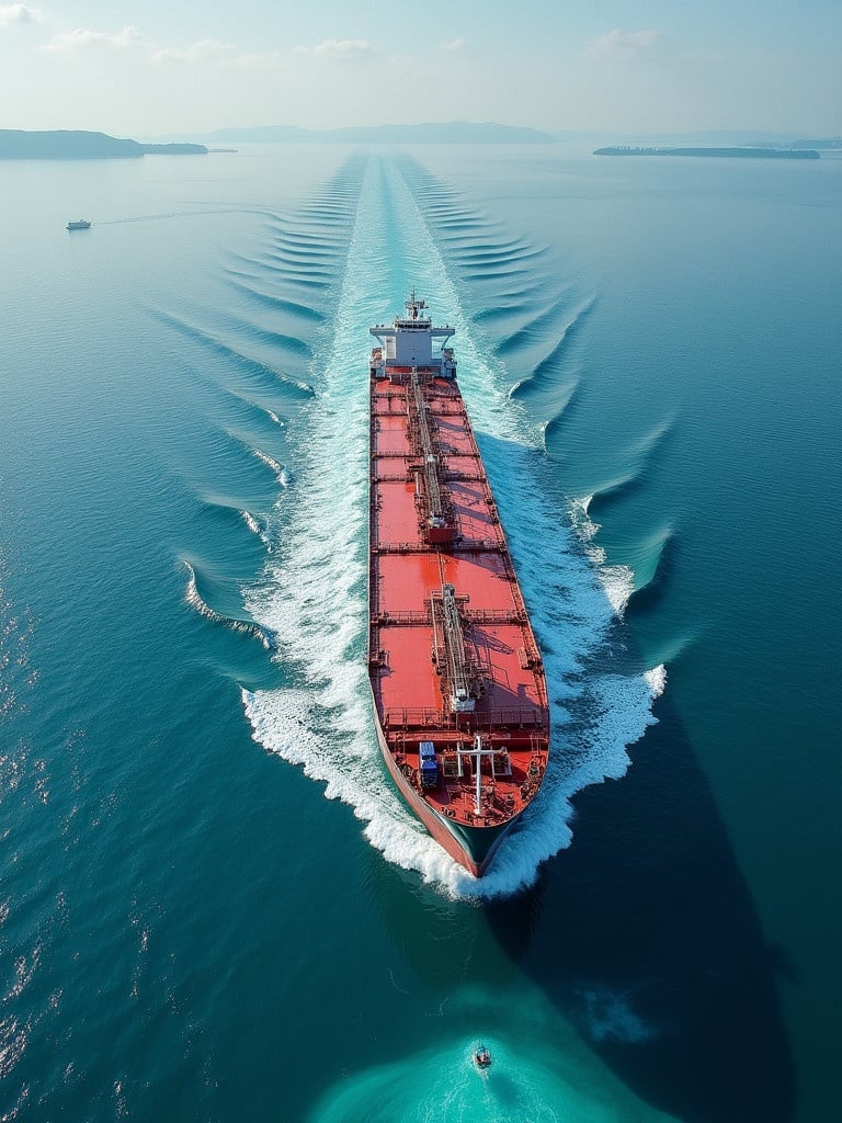 Aerial view of a large Pure Car carrier ship moving across calm blue seas. The ship creates intricate foam patterns in the water resembling the numbers 2025, signifying the New Year's festivities.