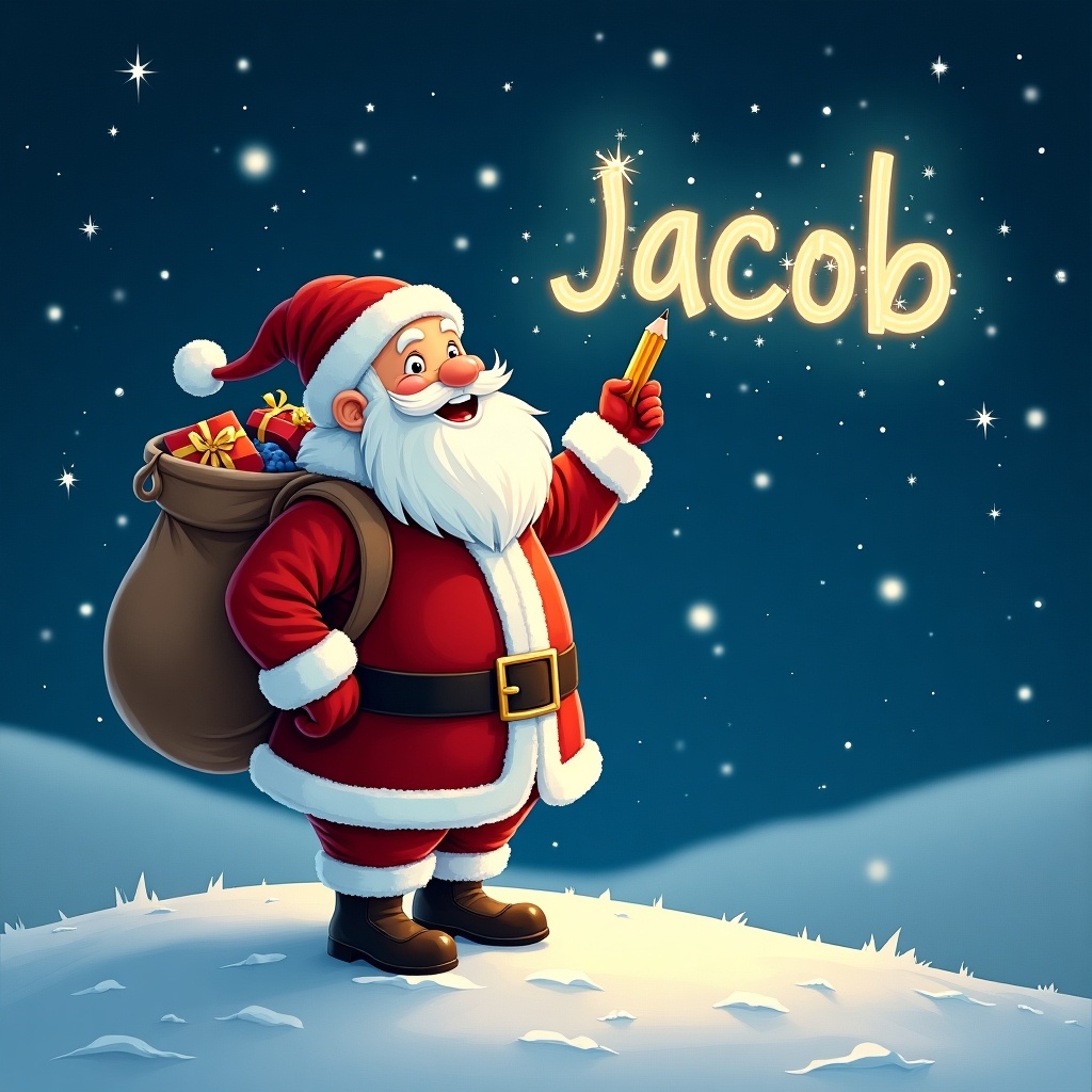 In a magical winter scene, Santa Claus stands cheerfully on a snowy hill. He's wearing his traditional red and white suit, complete with a fluffy hat. With a pencil in hand, he's looking up as he writes children's names in the starry sky. A large sack of gifts rests on his back, emphasizing the festive spirit. The night sky is illuminated with twinkling stars, creating a bright and enchanting atmosphere. The name 'Jacob' is drawn in a whimsical font above him, adding to the joy of the scene.