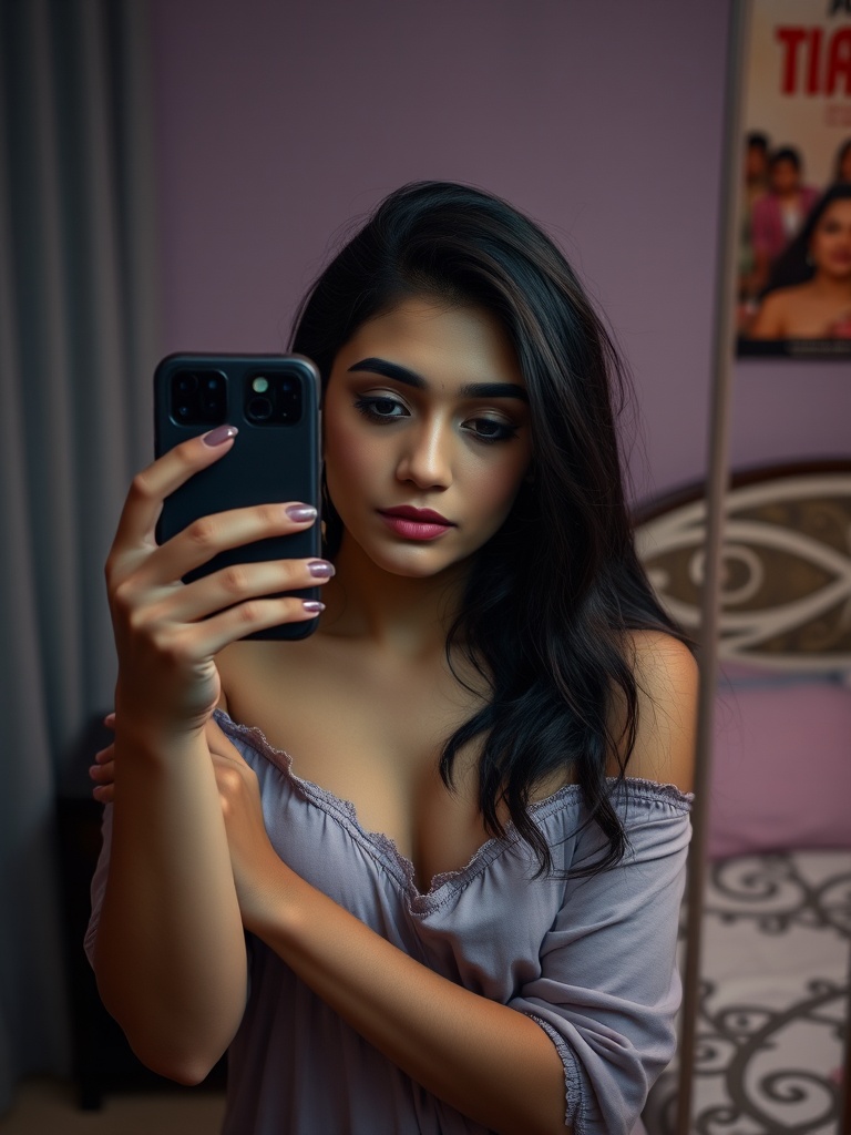 A woman takes a thoughtful selfie in a dimly lit room, capturing her in a moment of quiet introspection.