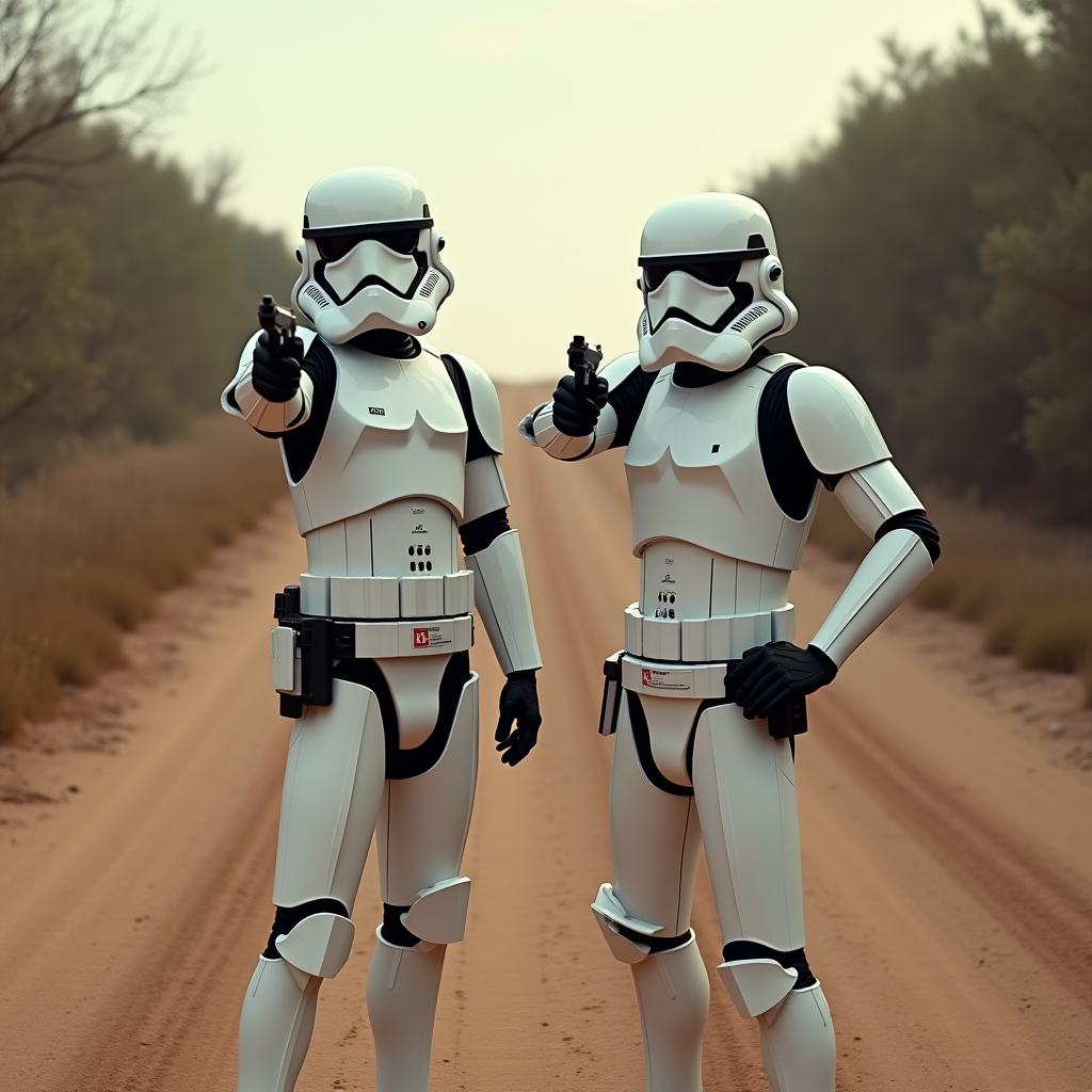 Two people in futuristic white armor are standing on a dirt road, aiming imaginary guns.