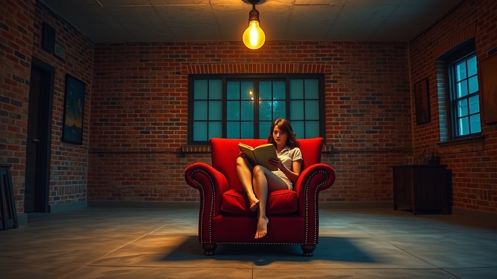 A person sits comfortably on a striking red armchair, absorbed in a book under the warm, focused glow of a single hanging bulb. The setting is an ambient room with exposed brick walls, suggesting a cozy and intimate environment perfect for reading. The soft lighting adds a dramatic yet serene atmosphere, emphasizing solitude and contemplation.