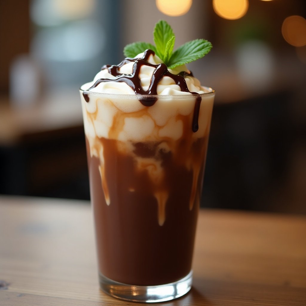 Iced chocolate coffee with fresh cream and chocolate syrup on top