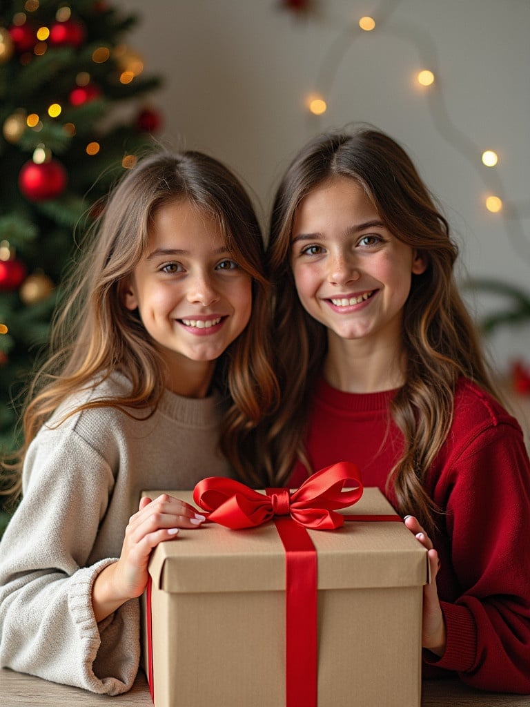 Sisters pose together in front of a Christmas tree holding a gift box with a red ribbon. The background has soft lighting and decorative festive elements.