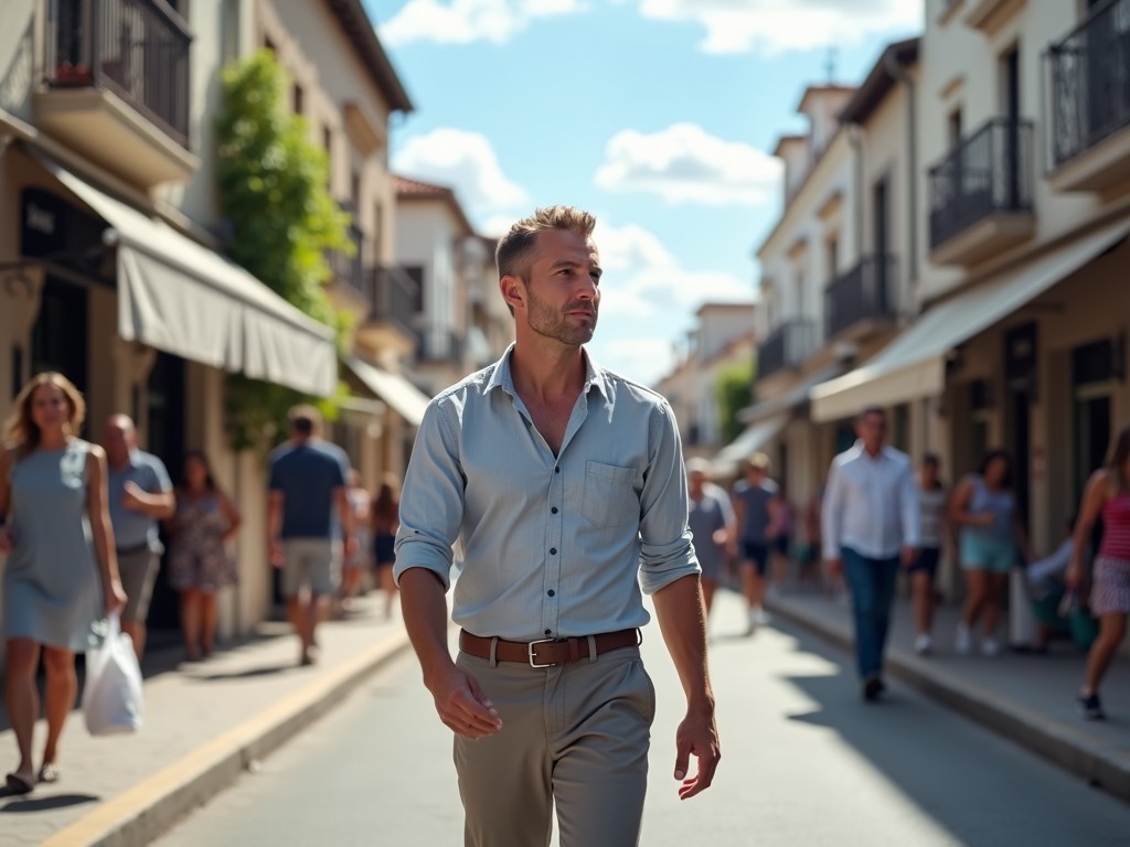 A man walks confidently down a bustling street lined with charming buildings, bathed in warm sunlight. The scene captures a lively, everyday moment in an attractive urban setting, with a subtly blurred background enhancing the focus on the main subject. The bright blue sky adds a sense of openness and freedom.