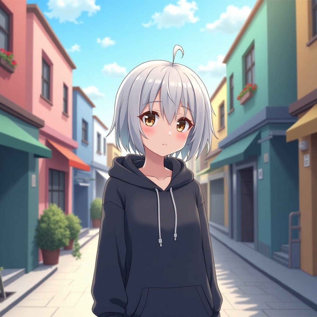 Anime-style character with white hair standing in a colorful urban street wearing a hoodie under bright daylight.