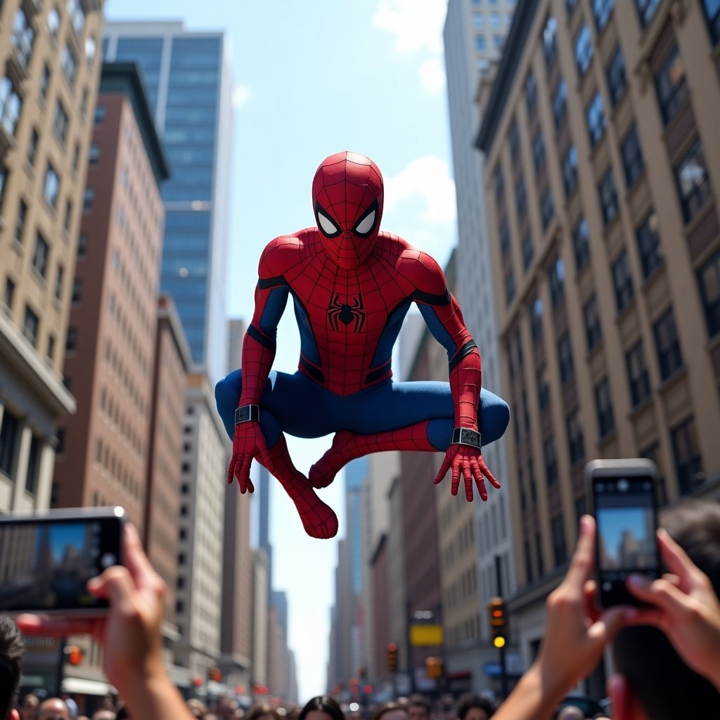 A superhero character in a red and blue costume jumps mid-air above a crowd in a city street. People below are taking pictures with smartphones. Background features tall buildings under a clear blue sky.