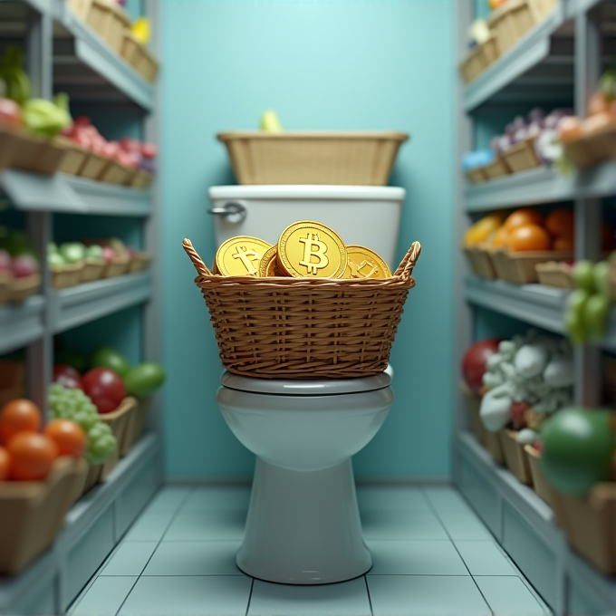 A whimsical scene of a basket filled with Bitcoin coins placed on a toilet surrounded by fresh produce.