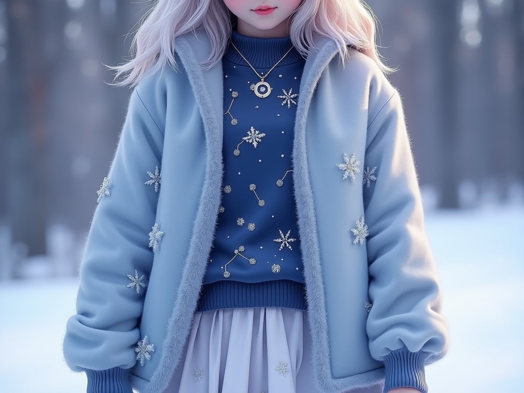 Imagine a cozy, mystical outfit inspired by astrology and snow themes in an anime fantasy style. The outfit features a cardigan-style jacket in soft, icy blue with a shimmer reminiscent of frosted starlight. Delicate silver constellation embroidery is seen along the sleeves and back. Underneath, there's a comfy, oversized sweater in a midnight blue shade resembling a night sky, adorned with small silver snowflake details. For the bottom, a flowy A-line skirt in frosty white gives a layered look, with matching embroidery at the hemline. A delicate necklace with a constellation pendant completes the look, creating a serene and magical appearance.