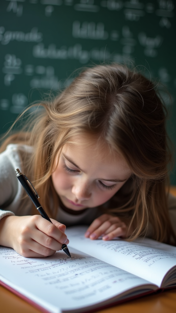 A young girl is intensely focused on writing in a notebook, with mathematical equations on a chalkboard behind her.