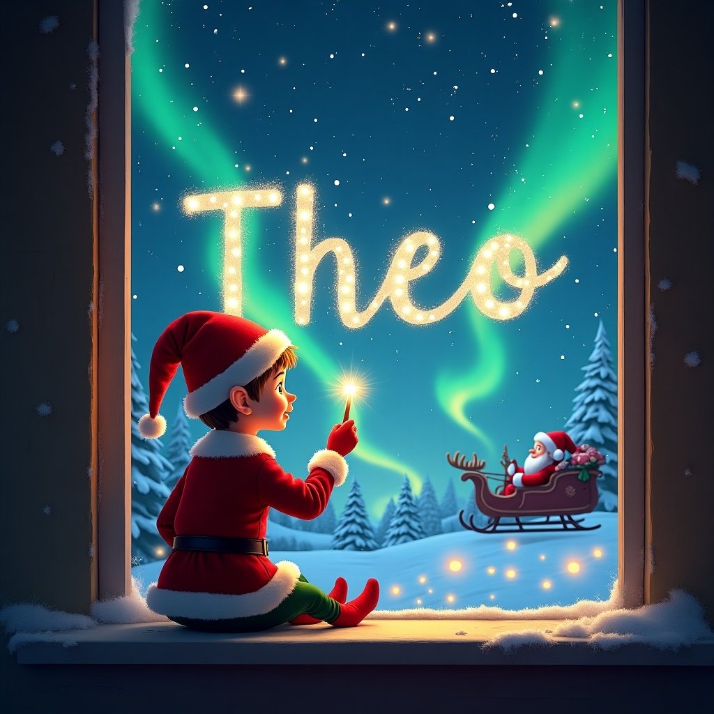 The image features an enchanting Christmas scene with an elf sitting on a window ledge. The elf, with his back to the viewer, is joyfully writing the name 'Theo' in sparkling letters using a wand. The background showcases a magical night sky filled with twinkling stars and colorful northern lights, evoking a sense of wonder. In the distance, Santa Claus can be seen in his sleigh, flying through the festive atmosphere. The Christmas-themed outfit of the elf adds a traditional touch to this whimsical scene.