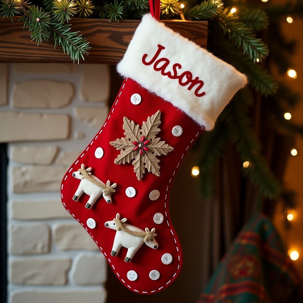 Hanging red Christmas stocking with white trim. Name Jason stitched on the front. Decorative snowflake and small figures attached. Stocking is placed near a fireplace.