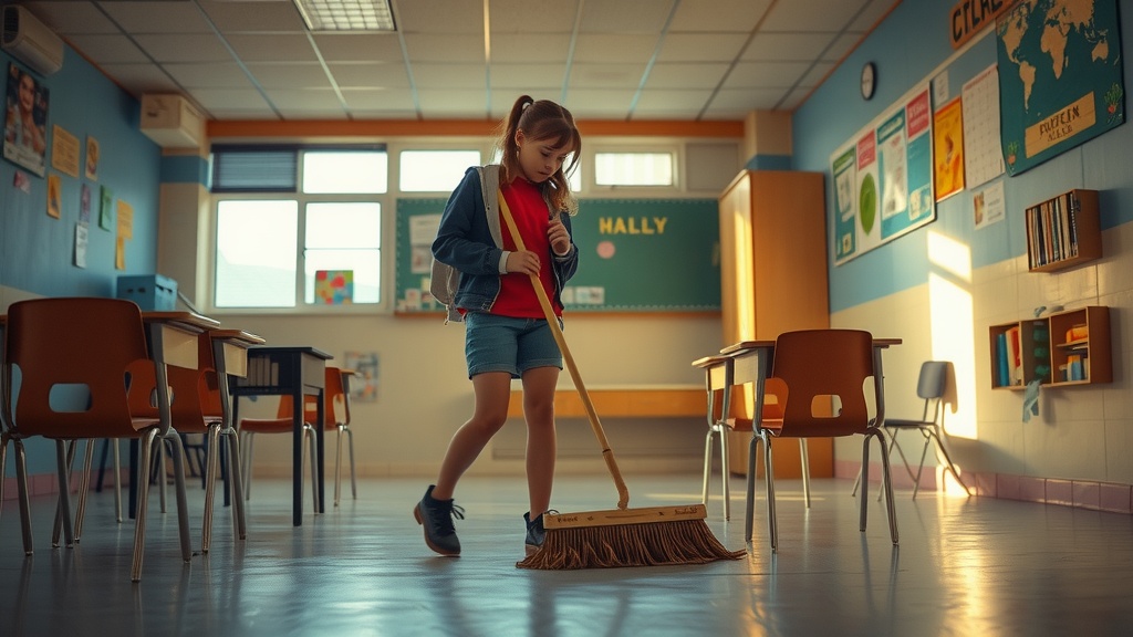 A young girl is seen sweeping the floor of an empty classroom, surrounded by neatly arranged desks and educational posters on the walls. The room is bathed in warm, golden sunlight streaming through the windows, creating a serene and peaceful atmosphere. Her focused expression suggests a sense of responsibility and determination.