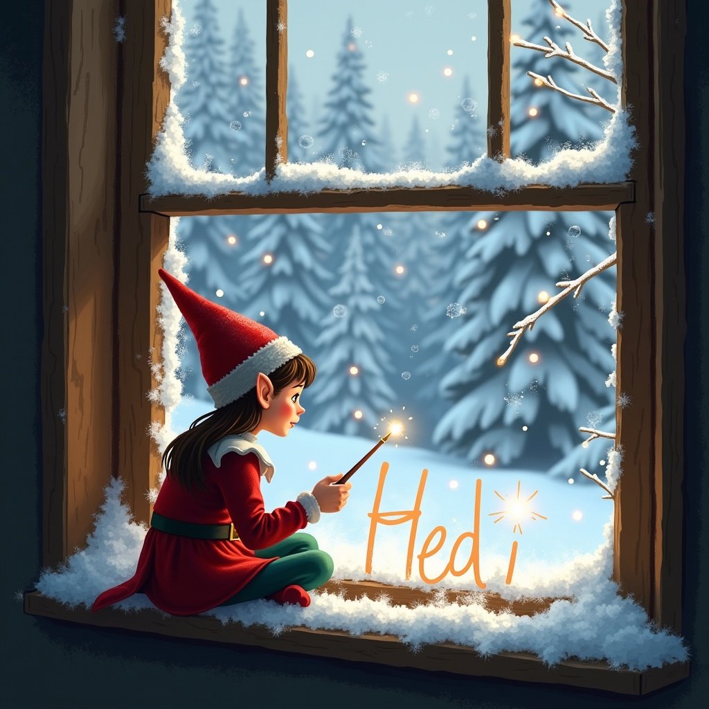 Elf sits at a window during winter. Elf looks at snow-covered trees. Elf writes the name 'Heidi' with a magic wand. Cozy indoor scene with snow.